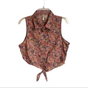 PASSPORT Women’s Flowered Sleeveless Button Down Tie Retro Crop Top / Size: L